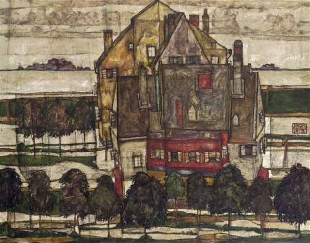 Egon Schiele, Einzelne häuser - Häuser mit Bergen (+ Monk I, fragment, verso)
