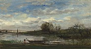 Charles François Daubigny - Pêcheur remontant sa barque (Paintings) h: 24.5 x w: 45.5 cm / h: 9.6 x w: 17.9 in