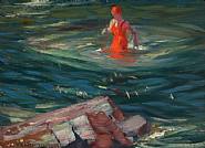 Charles Herbert Woodbury - The Red Bathing Suit (Paintings) h: 10 x w: 14 in / h: 25.4 x w: 35.6 cm