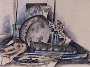 Preston Dickinson - STILL LIFE WITH CONDIMENTS (THE PROVOLONE CHEESE) (Works on Paper (Drawings, Watercolors etc.)) h: 17.1 x w: 23.6 in / h: 43.4 x w: 59.9 cm