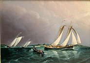 James Edward Buttersworth - Schooner Yacht COLUMBIA Racing Off Portsmouth, New York Yacht Club's Rear Commodore Franklin Osgood's Racing Yacht (Paintings) h: 10 x w: 14.2 in / h: 25.4 x w: 36.1 cm