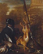 John Wootton - A Still Life of Game including a Hare, a drake Mallard, a grey Partridge, Woodcocks and a Flintlock Musket in a formal Garden with two Spaniels looking on, one bearing a Collar inscribed, 'Suffolk' (Paintings) h: 50.6 x w: 41 in / h: 128.5 x w: 104.1 cm