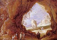 David Teniers the Younger - An Italianate Landscape with Travellers resting in a Grotto with Ruins beyond (Paintings) h: 9.5 x w: 13.5 in / h: 24.1 x w: 34.3 cm