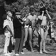 Lucien Clergue - Pablo Picasso, Jean Cocteau, Catherine Hutin-Blois, and the dog-men on the set of Testament of Orpheus, Les Baux de Provence, 1959