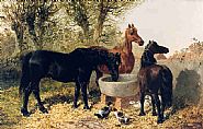 John Frederick Herring the Younger - <i>Horses Watering at a Trough</i> (Paintings) h: 12 x w: 18 in / h: 30.5 x w: 45.7 cm