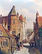 Willem Koekkoek - <i>Dutch Town Scene with Figures</i> (Paintings) h: 15.2 x w: 12 in / h: 38.6 x w: 30.5 cm