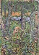 Waldstück mit Blumen und Teich