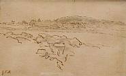 Jean François Millet - Landscape near Vichy (Works on Paper (Drawings, Watercolors etc.)) h: 10.5 x w: 16.5 cm / h: 4.1 x w: 6.5 in