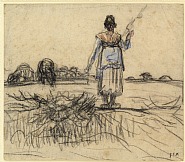 Jean François Millet - Bergère à la quenouille en Auvergne (Works on Paper (Drawings, Watercolors etc.)) h: 19 x w: 22 cm / h: 7.5 x w: 8.7 in