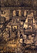 Rodolphe Bresdin - Peasant Family in an Interior (Works on Paper (Drawings, Watercolors etc.)) h: 14.1 x w: 9.6 cm / h: 5.6 x w: 3.8 in