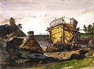 Louis Gabriel Eugène Isabey - Coastal Landscape with a Boat Under Construction (Paintings) h: 23.3 x w: 31.7 cm / h: 9.2 x w: 12.5 in