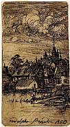 Rodolphe Bresdin - Village with a Fisherman (Works on Paper (Drawings, Watercolors etc.)) h: 8.6 x w: 4.7 cm / h: 3.4 x w: 1.9 in
