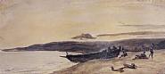 Paul Huet - Normandy: Fishermen Pulling Their Boat Ashore at Dusk (Works on Paper (Drawings, Watercolors etc.)) h: 137 x w: 299 cm / h: 53.9 x w: 117.7 in
