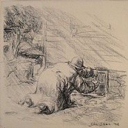 John French Sloan - Oh Joy! He found a nail loose behind a cellar window (Works on Paper (Drawings, Watercolors etc.)) h: 14.5 x w: 14.5 in / h: 36.8 x w: 36.8 cm