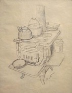 Thomas Hart Benton - Cookstove, with apple pie, study for 'Farming' segment (Works on Paper (Drawings, Watercolors etc.)) h: 11 x w: 7.5 in / h: 27.9 x w: 19 cm