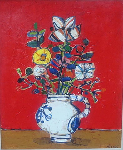  Paul Aïzpiri, Bouquet of flowers with red background