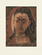 Pablo Picasso - Portrait de Jacqueline en robe imprimée, Petite buste de femme (Prints and Multiples) h: 63 x w: 44 cm / h: 24.8 x w: 17.3 in