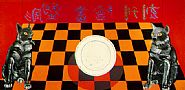 Joan Brown - Grey Cats Guarding Platter (Paintings) h: 48 x w: 96 in / h: 121.9 x w: 243.8 cm