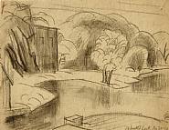 Oscar Florianus Bluemner - Oaks Pond and two drawings of Bloomfield Lock (Selling as part of set) (Works on Paper (Drawings, Watercolors etc.)) h: 5 x w: 6.5 in / h: 12.7 x w: 16.5 cm