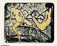 Otto Mueller - Zwei auf dem Sofa sitzende Mädchen (Two female nudes sitting on a couch) (Paintings) h: 14.5 x w: 22.5 cm / h: 5.7 x w: 8.9 in