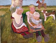 Paula Modersohn-Becker - Drei Kinder an einem Hang sitzend mit Hund und Pferd (Three children sitting with a dog and a horse) (Paintings) h: 40.6 x w: 52.5 cm / h: 16 x w: 20.7 in