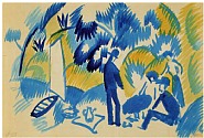 August Macke - Am Thuner See, Picknick nach dem Segeln (Works on Paper (Drawings, Watercolors etc.)) h: 27 x w: 39.6 cm / h: 10.6 x w: 15.6 in