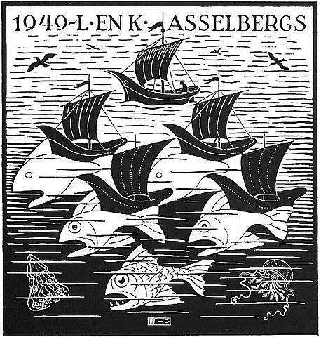  M. C. Escher, (Fish & Boats) New Year's Greeting Card - 1949