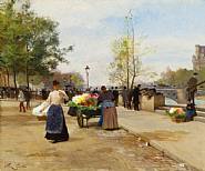 Victor Gabriel Gilbert - The Flower Sellers by the Pont du Louvre (Paintings) h: 14.8 x w: 18 in / h: 37.6 x w: 45.7 cm