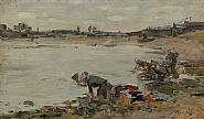 Eugène Louis Boudin - Laveuses au bord de la Touques (paire) (Paintings) h: 22 x w: 33 cm / h: 8.7 x w: 13 in
