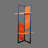 Gaetano Pesce - Gaetano Pesce blue, orange, and black bookcase/screen comprised of 5 rotating panels that turn into shelves held by decorative pins; frame of cast metal by Bernini Carate Brianza; Serie 'Luigi O Arnate Voi', 1982