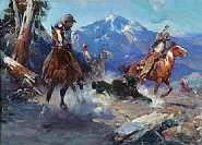 Frank Tenney Johnson - Lot 105: Cowboys Roping the Bear (Paintings) h: 26.2 x w: 36.2 in / h: 66.5 x w: 91.9 cm