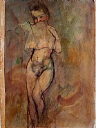 Lesender, stehender weiblicher Akt