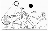 A sowing couple, a soy plant, the sun, the moon and a japanese dog