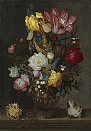 Ambrosius Bosschaert the Elder - A still life of roses and other flowers in an ornamented glass vase on a hard-stone ledge, with a shell, a bluebottle and a Red Admiral butterfly (Vanessa atalanta), 1621