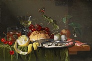 Jan Davidsz de Heem - A still life of a glass of wine with grapes, bread, a glass of beer, a peeled lemon, fruit, onions and a herring on a pewter dish, on a table draped with a green cloth, 1653