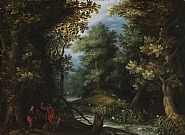 Hunters with hounds by a stream in a forest