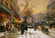 Eugène Galien-Laloue - Bustling Parisian Street Scene, Paris (Works on Paper (Drawings, Watercolors etc.)) h: 10 x w: 14.5 in / h: 25.4 x w: 36.8 cm