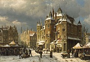 Willem Koekkoek - The Nieuwmarkt in Amsterdam in Winter (Paintings) h: 86 x w: 124.5 cm / h: 33.9 x w: 49 in