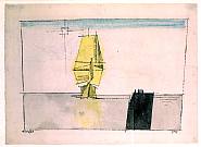Lyonel Feininger - Barque with Yellow Sails and Pier with Figures (Works on Paper (Drawings, Watercolors etc.)) h: 23.8 x w: 32.4 cm / h: 9.4 x w: 12.8 in