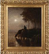 Charles Émile Jacque - Cheveaux et Moutons s’Abreuvant au Clair de Lune (Paintings) h: 25 x w: 21 in / h: 63.5 x w: 53.3 cm