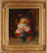 Narcisse Virgile Diaz de la Peña - Gerbe de fleurs, roses, giroflées, clématites... (Paintings) h: 8 x w: 15 in / h: 20.3 x w: 38.1 cm
