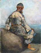 Edwin Lord Weeks - Persian Peasant Seated atop a Rock h: 19 x w: 15 in / h: 48.3 x w: 38.1 cm