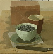 Blueberries in a Bowl with Red Cup, Knife and Brick