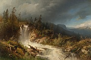 Hermann Herzog - Hunting by the Falls (Paintings) h: 19.9 x w: 29.8 in / h: 50.5 x w: 75.7 cm