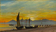 Albert Bierstadt - Boats Ashore at Sunset (Paintings) h: 13.3 x w: 23.7 in / h: 33.8 x w: 60.2 cm