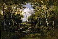 Narcisse Virgile Diaz de la Peña - Fagotière en jupe rouge au débouché du bois, flaque d’eau (Paintings) h: 15 x w: 22 in / h: 38.1 x w: 55.9 cm