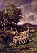 Charles Émile Jacque - Sheperdess with her Flock (Paintings) h: 25.5 x w: 17.8 in / h: 64.8 x w: 45.2 cm