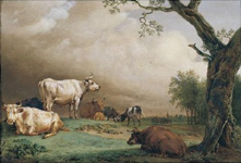 Cattle in a field, with travellers in a wagon on a track beyond and a church tower in the distance, a rain storm approaching
