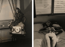 Kristin Bell Sitting on a TV Set and Kristin Bell on Bed (2 prints) by Helmut Newton