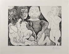 Vieil homme concupiscent et impuissant avec une prostituée espagnole sur les genoux, marin se cachant le sexe, et jardinier (from Series 156) by Pablo Picasso